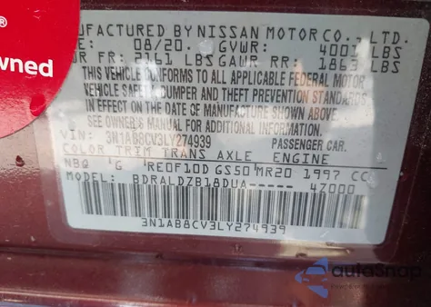 2020 Nissan Sentra Sv Xtronic Cvt z USA, uszkodzony, nr VIN 3N1AB8CV3LY274939